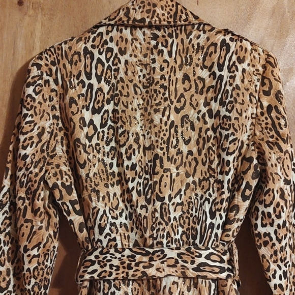 JL New York Sparkly Belted Trench Coat Gold Brown Cream Leopard Print Size Med - Picture 10 of 15